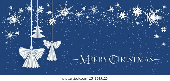 Paper Angels on a snowy dark background. Luxury Christmas design for card, banner,ticket, leaflet and so on.