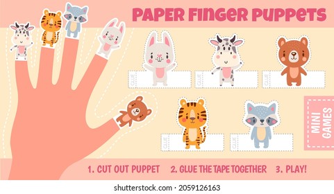 Paper animal finger puppets worksheets for kids hand. Handmade theatre activity. Children cut craft page with cartoon dolls vector template. Zoo characters for learning and entertainment