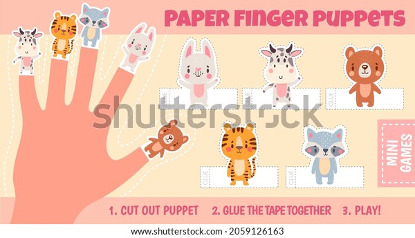 Paper animal finger puppets worksheets for
kids hand. Handmade theatre activity. Children cut craft page with
cartoon dolls vector template. Zoo characters for learning and
entertainment