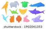 Paper animals. Japanese origami folded toys birds, fox, butterfly, parrot and hare. Cartoon geometric wild animal shaped figures vector set. Illustration origami bird animal, paper toy folded