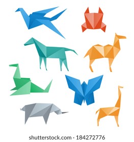 Paper animals wildlife, crane, horse, camel, crab, dragon, rhino, giraffe, butterfly, origami style.