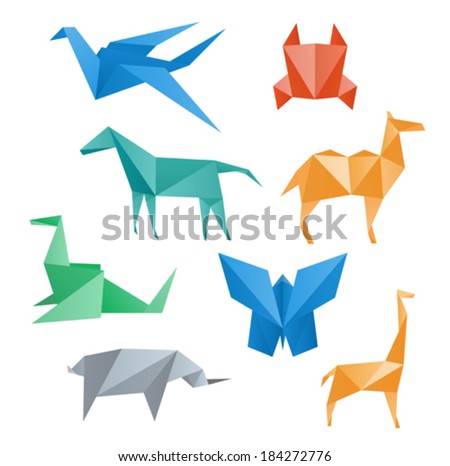 Paper animals wildlife, crane, horse, camel, crab, dragon, rhino, giraffe, butterfly, origami style.