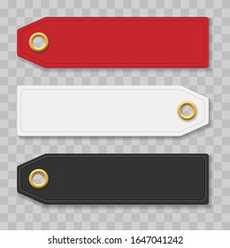 Paper apparel tags. Clothes tag set with grommet eyelets, black clothing price labels mockups isolated on transparent background, vector illustration