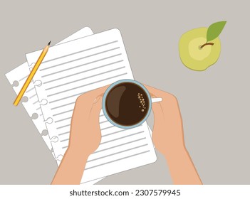 Paper, apple and coffee cup in hands. Vector illustration