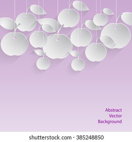 Paper apples with drop shadows hanging on strings. Violet pastel background. Vector illustration.