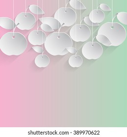 Paper apples with drop shadows hanging on strings. Green and pink pastel background. Vector illustration.