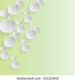 Paper apples with drop shadows hanging on strings. Yellow pastel background. Vector illustration.
