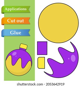 Paper application the cartoon Christmas ball toy. Use scissors cut parts of Ball and glue on the paper. Education logic game for kids to help with cutting, sticking and learning about New Year.