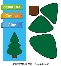 Paper application the cartoon cute Evergreen Tree. Use scissors cut parts of Tree and glue on the paper. Easy education logic game for kids to help with cutting, sticking and learning about Christmas.