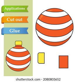 Paper application the cartoon New Year Ball Toy. Use scissors cut parts of Ball and glue on the paper. Education logic game for kids to help with cutting, sticking and learning about Christmas.