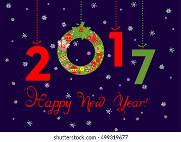 Paper applique for New Year 2017 greeting with hanging christmas wreath and numbers
