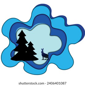 Paper applique. Pine forest and hare.