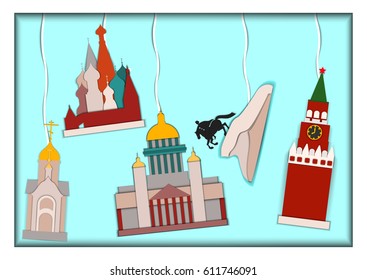 Paper applique style illustration.Card with application of Basils Cathedral,Kremlin,Isaac's Cathedral, monument to Peter the Great The copper rider and Chapel of St. Nicholas the Wonderworker.Postcard