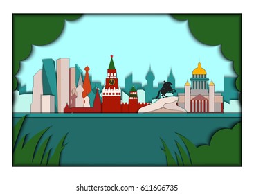 Paper applique style vector illustration. Card with application of Moscow and Sain Petersburg ponorama with Kremlin,Basil's Cathedral,Moscow City Business center,Copper Horseman,Isaac's Cathedral.