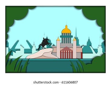 Paper applique style vector illustration. Card with application of Saint Petersburg ponorama with monument to Peter the Great The copper rider and St. Isaac's Cathedral.Postcard