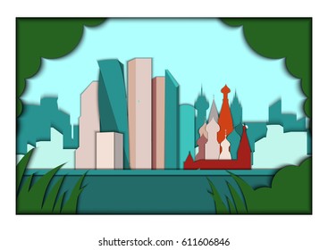 Paper applique style vector illustration. Card with application of Moscow ponorama with St. Basil's Cathedral and Moscow City Business center. Postcard