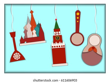 Paper applique style vector illustration. Card with application of St. Basils Cathedral, Kremlin, Nesting Doll Matreshka, Wooden National Spoon and Balalaika