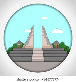 Paper applique style vector illustration. Card with application of Temple of Lempuyang, Bali. Postcard.