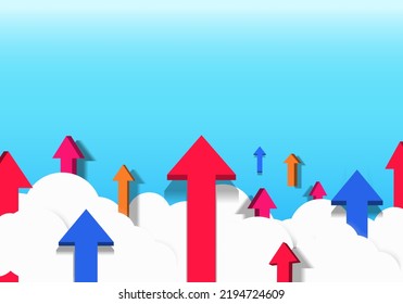 A paper arrow pointing up in the sky was placed on a white cloud on a blue background like a growing business.