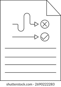 Papel com setas apontando para um X dentro de um círculo e marca de seleção acima das linhas Canto direito dobrado