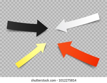 Paper arrows set with shadow on transparent background. Different colors white red, black, yellow direction pointer collection
