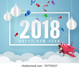 Paper art of 2018 happy new year with red plane flying in the sky, vector art and illustration.