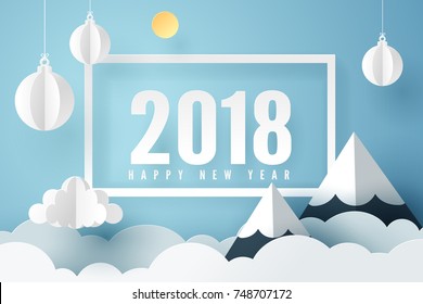 Paper art of 2018 happy new year with sky and mount, vector art and illustration.