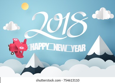 Paper art of 2018 happy new year with red plane flying in the sky, vector art and illustration.