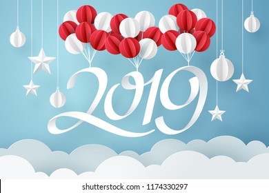 Paper art of 2019 hang with balloon in the sky, happy new year celebration concept, vector art and illustration.