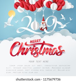 Paper art of 2019 hang with balloon in the sky, merry Christmas and happy new year celebration concept, vector art and illustration.