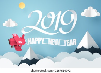 Paper art of 2019 happy new year with red plane flying in the sky, vector art and illustration.