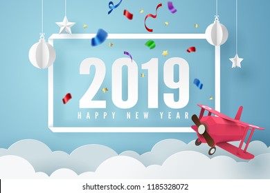 Arte de papel de 2019 feliz año nuevo con avión rojo volando en el cielo, arte vectorial e ilustración.