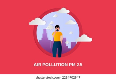 Paper art about a man wear facemask standing with city background air pollution pm 2.5 dust deposal resources design for education infographic  presentation and website