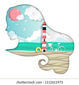 Paper art abstract summer background with beautiful beach and lighthouse and life ring, bicycle in lady face modern paper cut style vector