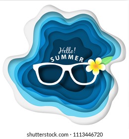 Paper art abstract summer background with sunglass and plumeria flower, origami, blue background modern paper craft style vector
