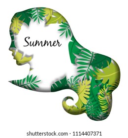 Paper art abstract summer background with green variety leaf in lady face modern paper cut style vector