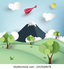 Paper art air balloon flying over the mountains, vector illustration