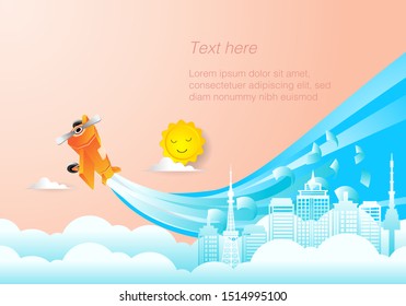 Paper art of aircraft takeoff as business startup concept, Flat and digital craft style vector illustration.