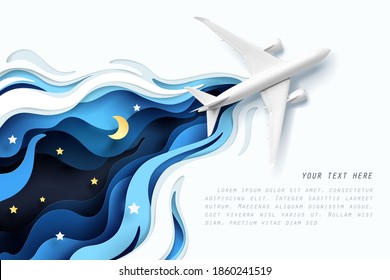 Paper art of airplane top view mockup for travel business promote, vector art and illustration.