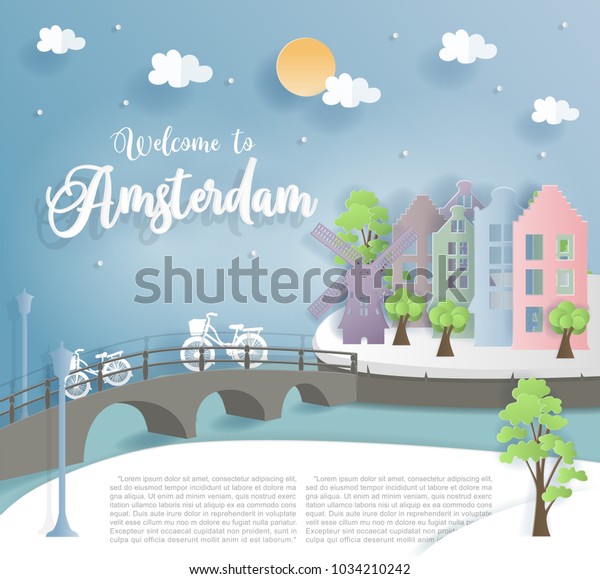 Paper art with Amsterdam city, with\
building, bridge,windmill, bicycle, river and blue sky. Welcome to\
Amsterdam. Vector\
illustration.
