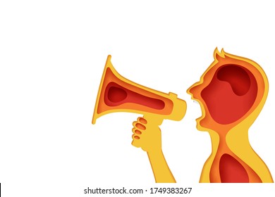 Paper art of angry man speak via megaphone, protest in United states, vector art and illustration.