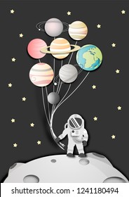Paper Art of Astronaut on the Moon in Space or Galaxy Background, Abstract design vector