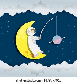 paper art of astronaut staying on the half moon fishing the Saturn among the stars cartoon vector