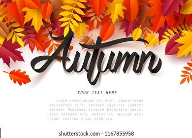 Paper art of Autumn calligraphy lettering on fallen leaves, vector art and illustration.