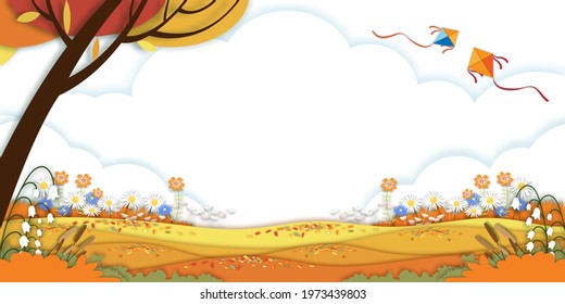 Paper art Autumn landscape of cute garden with wild grass flowers blooming on hills, Paper cut Mid Autumn with Sky and colourful Kites flying,Flat cartoon for backdrop banner in fall season background