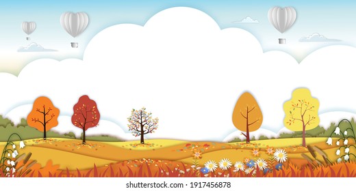 Paper Art Autumn Landscape Forest Trees On Hills,Paper Cut Mid Autumn With Sky And Hot Air Balloons,Flat Cartoon For Banner In Fall Season Background