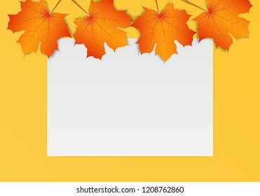 Paper art of Autumn maple leaf with blank note paper with space for text. Vector illustration