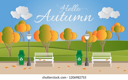 Paper art with Autumn park landscape with orange leaf trees. Vector illustration