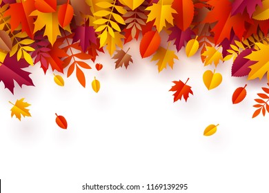Paper art of Autumn, pile of colorful leaf, vector art and illustration.