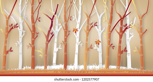 Paper art of the autumn season with nature brown red leaf and trees background as digital craft style concept. vector illustration